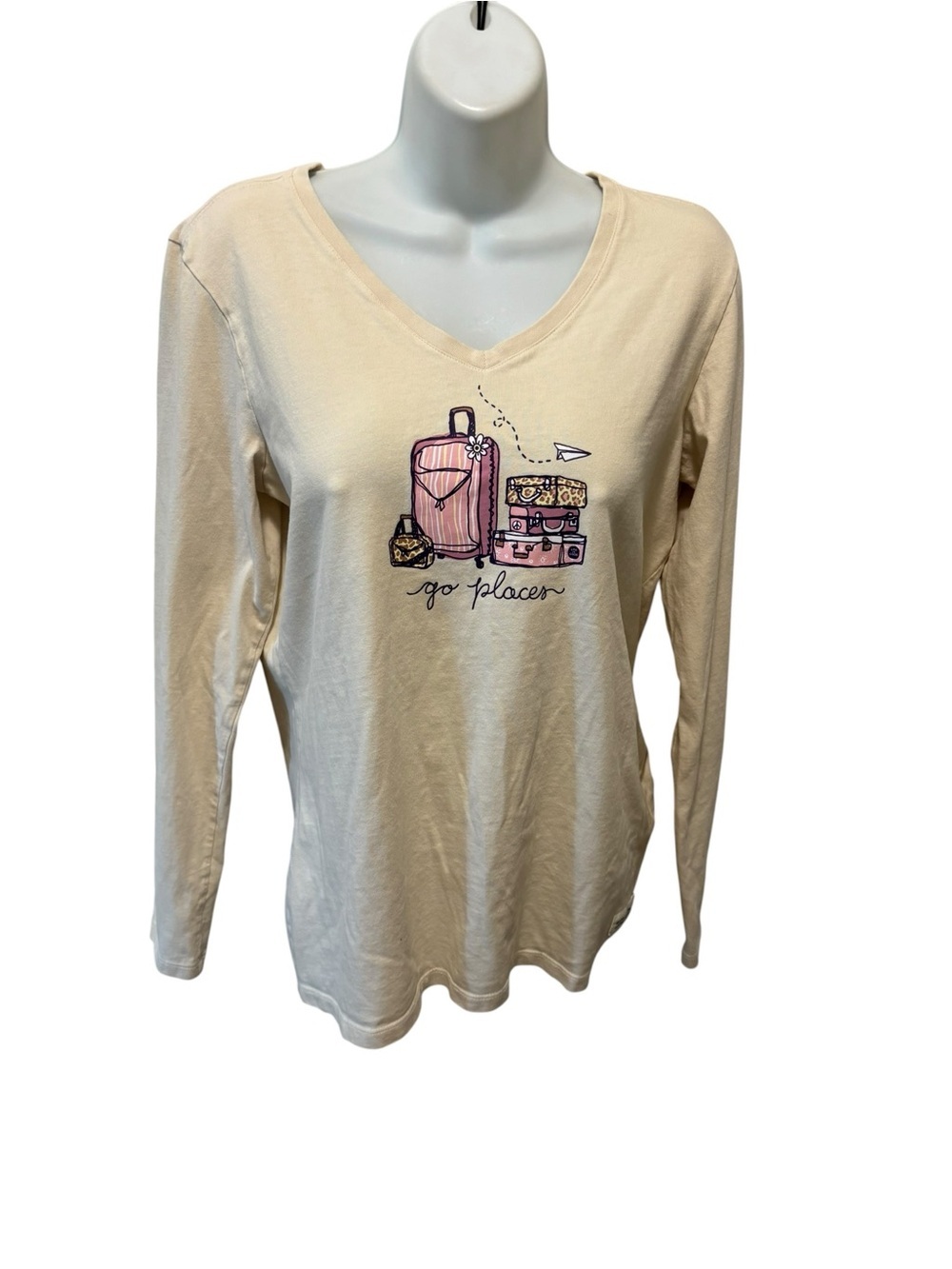 Life is Good Go Places Ivory V-Neck Long Sleeve Crusher Tee Sz M 100% Cotton